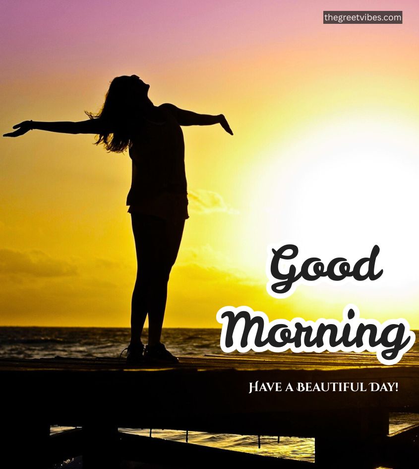 Happy Girl with Good Morning Sunrise Greet Images